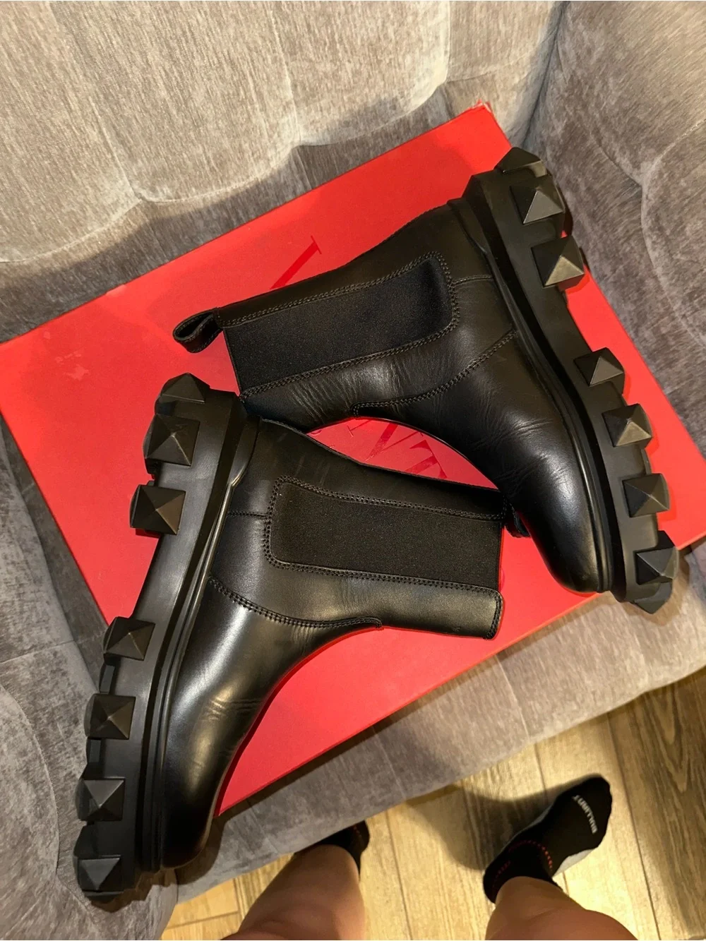 Valentino Leather Studded Accents Chelsea Boots